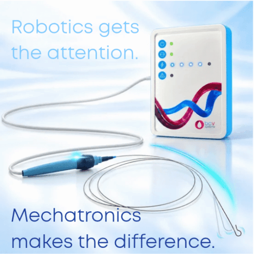 BCV Systems® active mechatronic guidewire illustrating physician-controlled distal tip deflection for endovascular navigation.